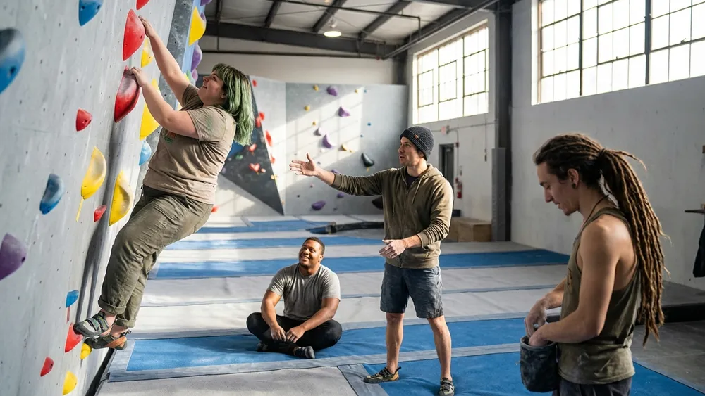 Kletterhalle Bergwerk in Dortmund – Team klettert und bouldert in einer großen Halle in Huckarde