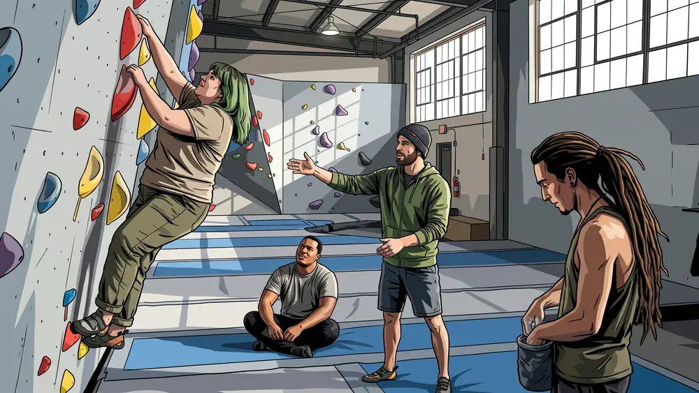 Kletterhalle Bergwerk in Dortmund – Team klettert und bouldert in einer großen Halle