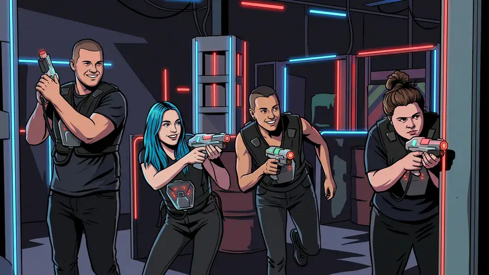 Lasertag bei Dortmund – Team in Sensorwesten spielt in einer dunklen Neon-Arena