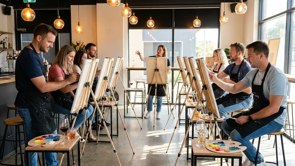 Painting Party in Dortmund – Team malt an Staffeleien eigene Bilder mit Wein und Cocktails dazu