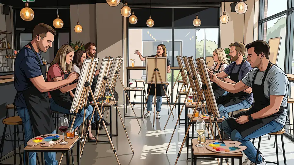 Painting Party in Dortmund – Team malt an Staffeleien eigene Bilder mit Wein und Cocktails dazu