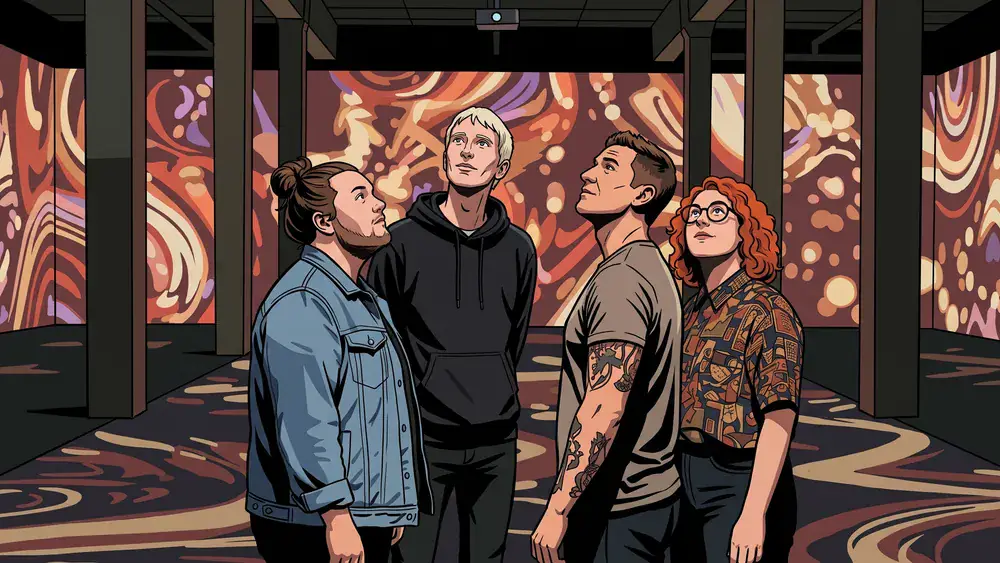Phoenix des Lumières in Dortmund – Team steht in einer Halle mit digitalen Kunstprojektionen