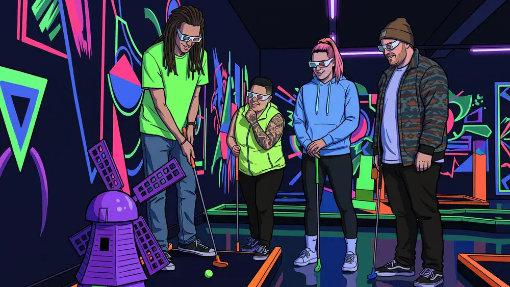 Schwarzlicht Minigolf in Dortmund – Team spielt mit 3D-Brillen Minigolf in leuchtender Neonwelt