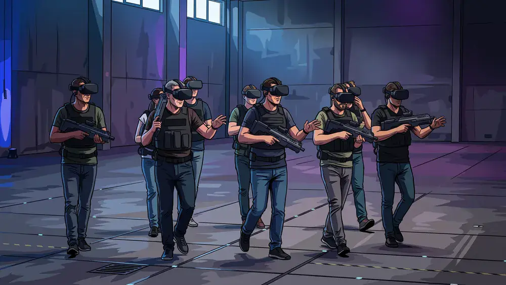 Zero Latency VR in Dortmund – Team mit VR-Brillen und Westen läuft frei durch eine virtuelle Welt