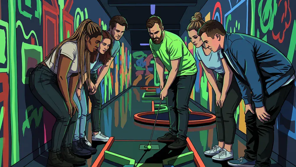 Schwarzlicht-Minigolf in Dortmund – JGA-Gruppe schaut zu, wie ein Putt im Neonlicht fällt