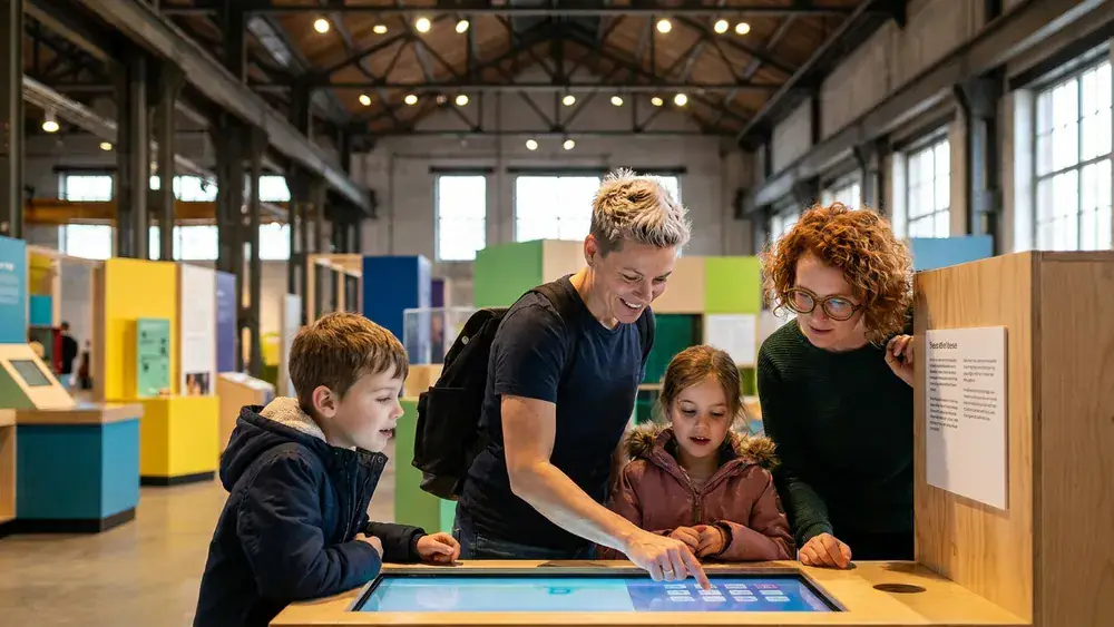 DASA Arbeitswelt Ausstellung in Dortmund – Familie probiert interaktive Stationen in der großen Ausstellungshalle