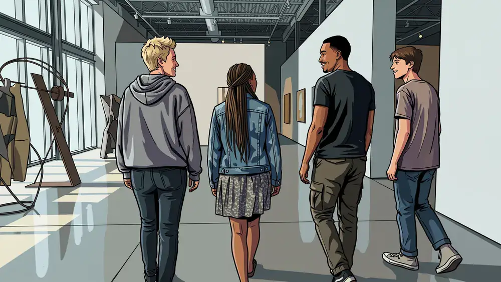 Dortmunder U in Dortmund – Gruppe schaut sich zeitgenössische Kunst in einer hellen Galerie an