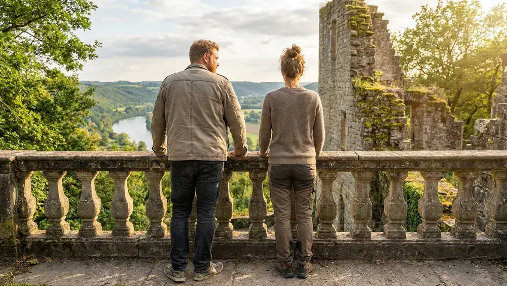 Hohensyburg in Dortmund – Zwei Personen blicken von der Burgruine über das Ruhrtal