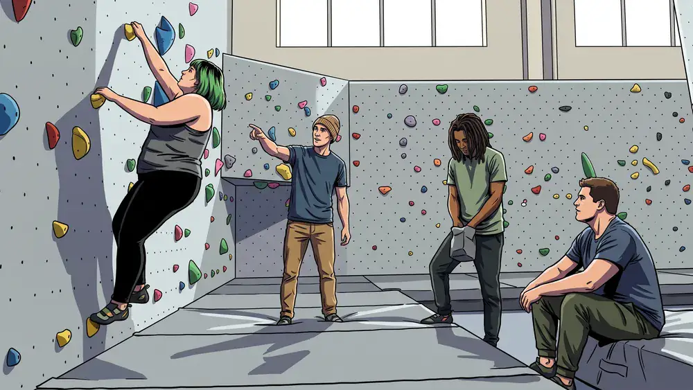 Kletterhalle Bergwerk in Dortmund – Gruppe bouldert gemeinsam an einer bunten Kletterwand