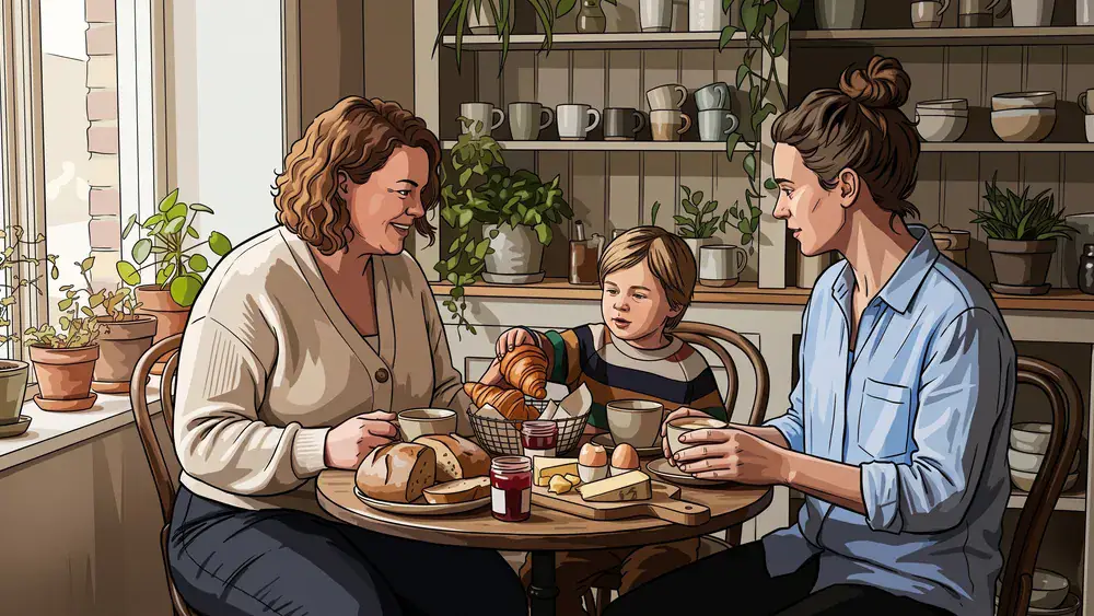 omaRosa Café in Dortmund – Familie frühstückt am Sonntag mit reichhaltigem Buffet am Tisch
