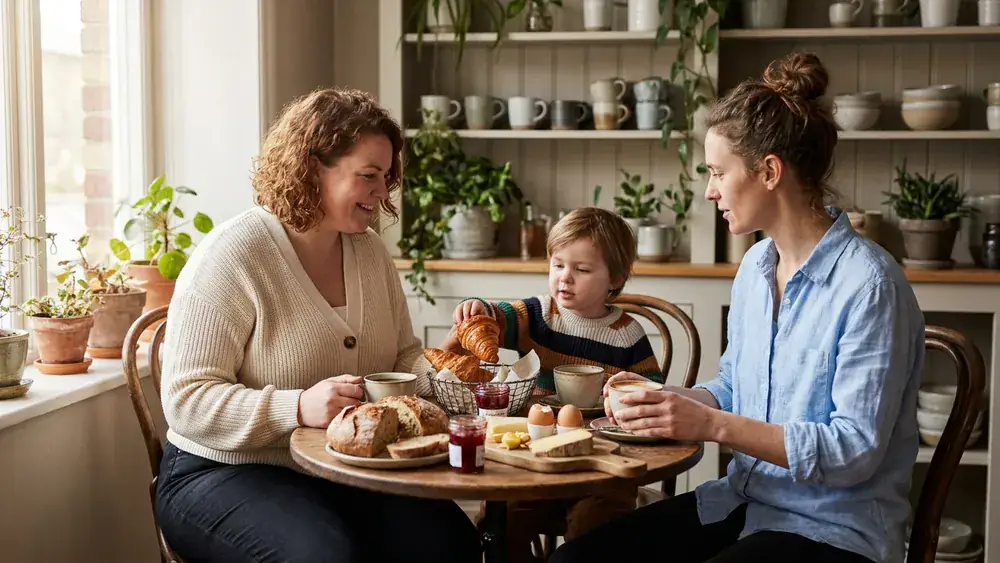 omaRosa Café in Dortmund – Familie frühstückt am Sonntag mit reichhaltigem Buffet am Tisch