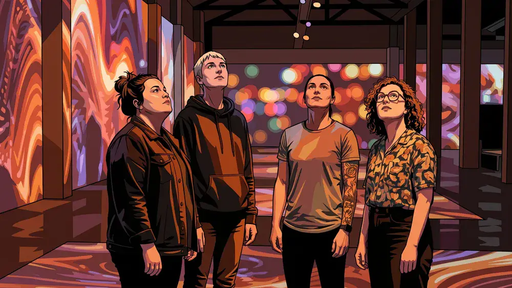 Phoenix des Lumières in Dortmund – Gruppe steht in einer Halle mit digitalen Kunstprojektionen