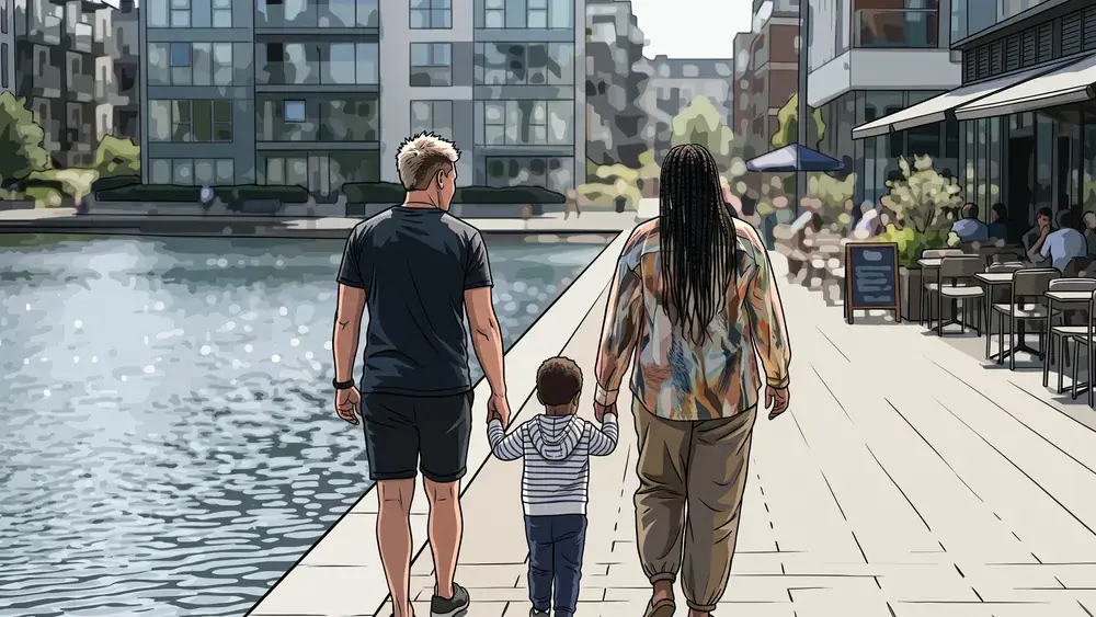 Phoenix-See in Dortmund – Familie spaziert an der Uferpromenade an einem sonnigen Sonntag