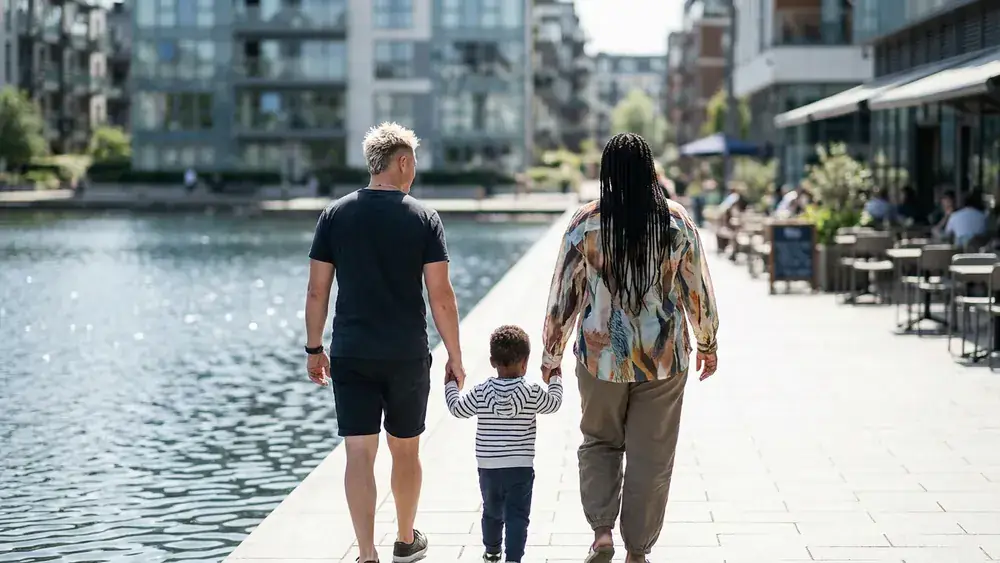 Phoenix-See in Dortmund – Familie spaziert an der Uferpromenade an einem sonnigen Sonntag