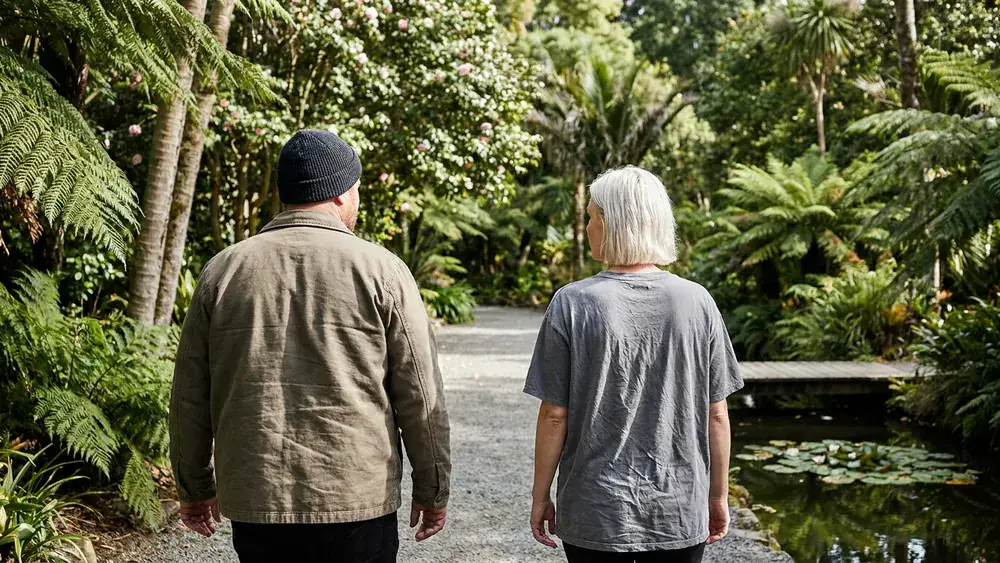 Botanischer Garten Rombergpark in Dortmund – Zwei Personen spazieren durch den grünen Park