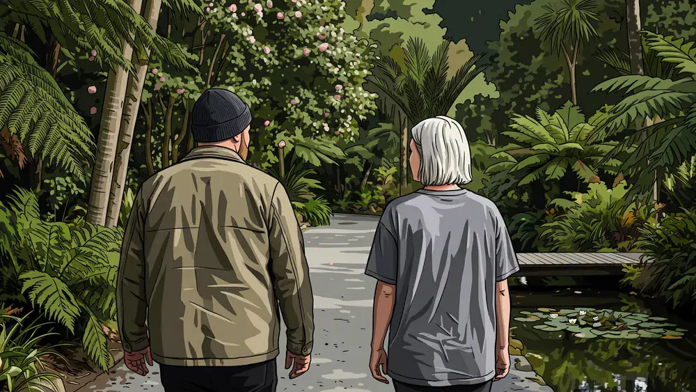 Botanischer Garten Rombergpark in Dortmund – Zwei Personen spazieren durch den grünen Park
