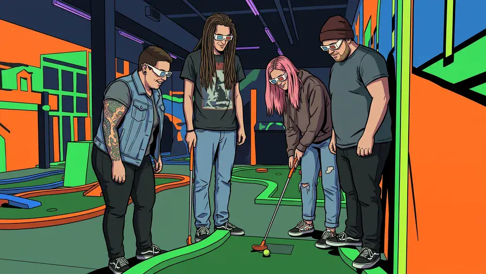 Glowing Rooms in Dortmund – Gruppe spielt Schwarzlicht-Minigolf mit 3D-Brillen