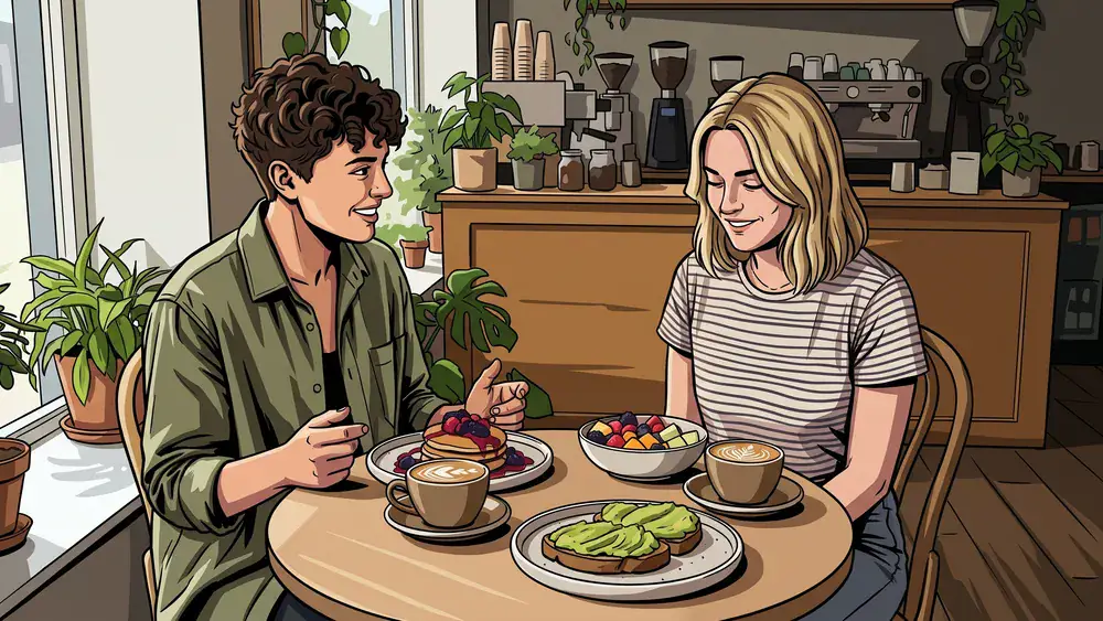 VRÜH All Day Breakfast in Dortmund – Zwei Personen frühstücken vegan mit Pancakes und Kaffee