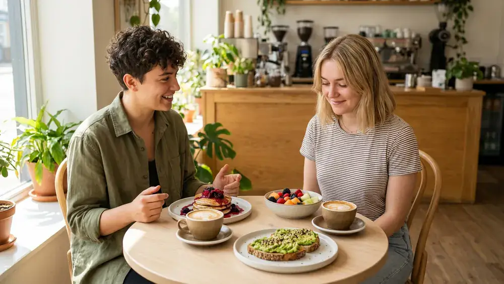 VRÜH All Day Breakfast in Dortmund – Zwei Personen frühstücken vegan im Kreuzviertel mit Pancakes und Kaffee