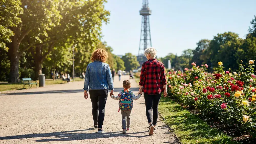 Westfalenpark in Dortmund – Familie spaziert bei Sonnenschein vorbei am Rosengarten mit Florianturm im Hintergrund