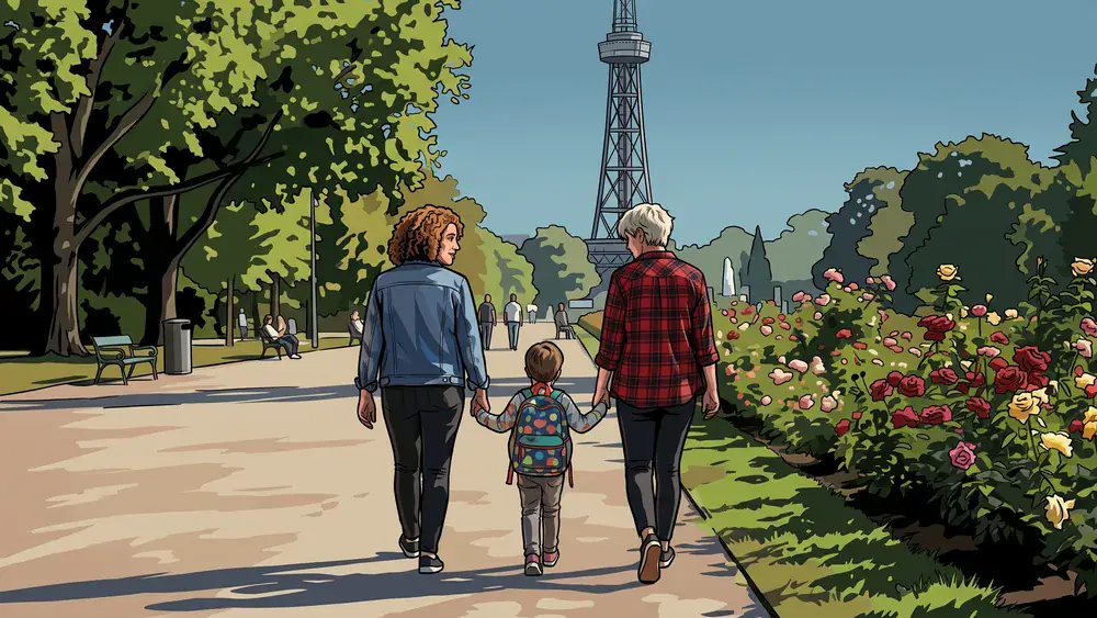 Westfalenpark in Dortmund – Familie spaziert bei Sonnenschein vorbei am Rosengarten mit Florianturm im Hintergrund