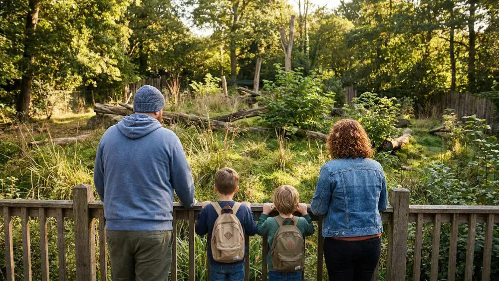 Zoo Dortmund – Familie beobachtet Tiere an einem Gehege im Grünen