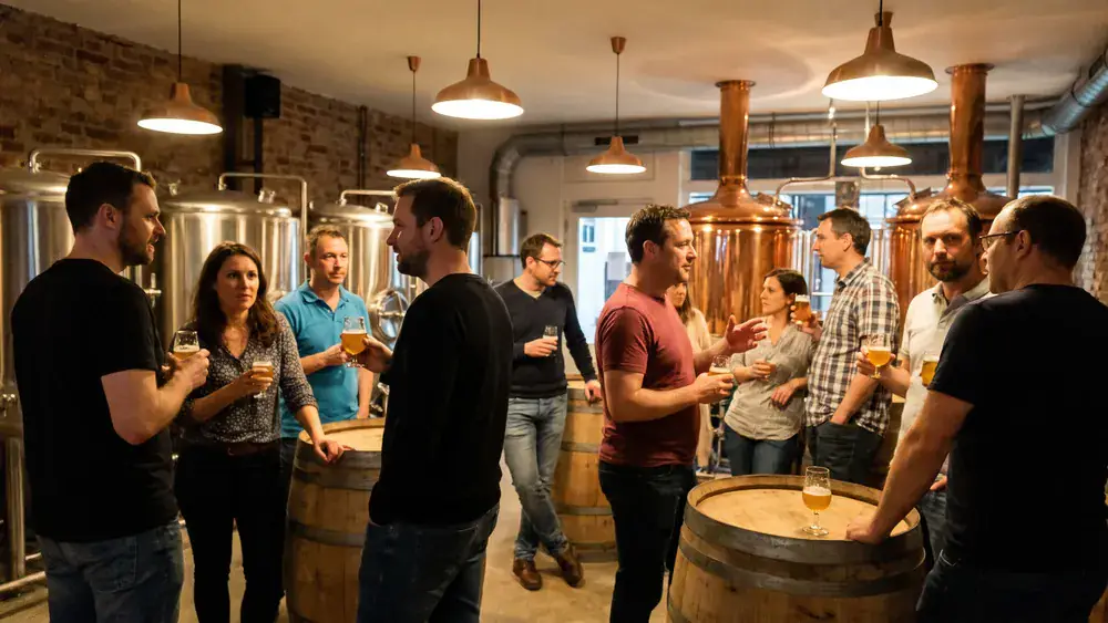 Bergmann Brauerei in Dortmund – Kollegen bei einer Bierverkostung in der Handwerksbrauerei auf Phoenix-West