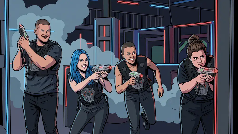 Lasertag bei Dortmund – Team in Sensorwesten spielt in einer dunklen Neon-Arena