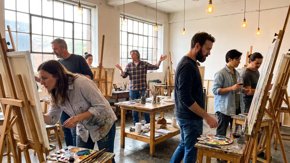 Painting Party in Dortmund – Kollegen malen an Staffeleien eigene Bilder mit Wein und Cocktails dazu
