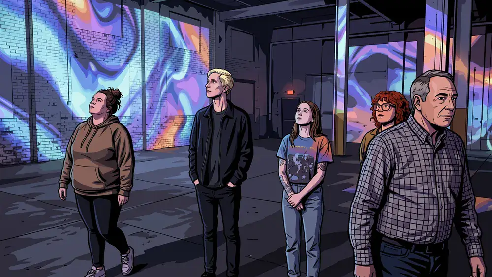 Phoenix des Lumières in Dortmund – Kollegen stehen in einer Halle mit digitalen Kunstprojektionen