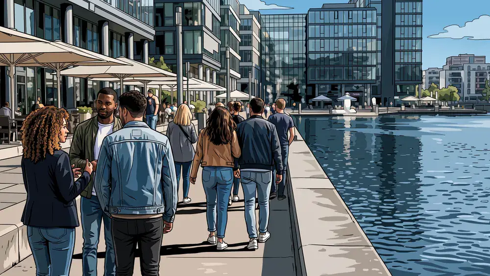 Phoenix-See in Dortmund – Kollegen spazieren gemeinsam an der Uferpromenade an einem sonnigen Tag