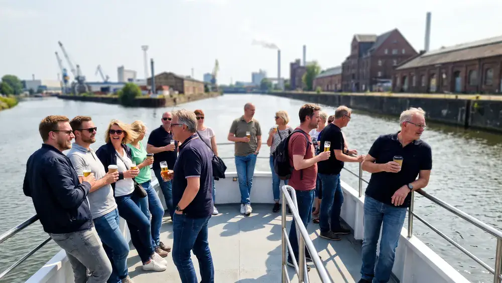 Santa Monika Kanalfahrt in Dortmund – Kollegen sitzen an Deck eines Ausflugsschiffs auf dem Kanal