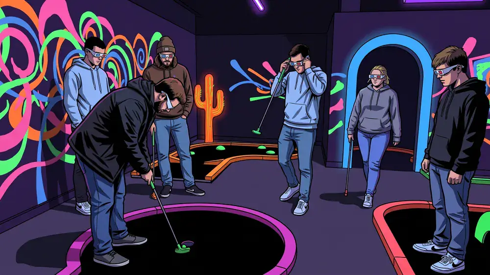 Glowing Rooms in Dortmund – Kollegen spielen Schwarzlicht-Minigolf mit 3D-Brillen in leuchtender Neonwelt
