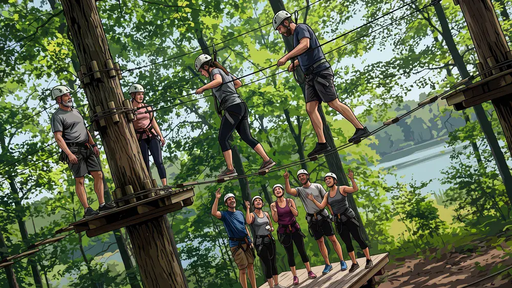 Hochseilgarten tree2tree in Dortmund – Team klettert mit Helmen und Gurten durch einen Parcours in den Bäumen