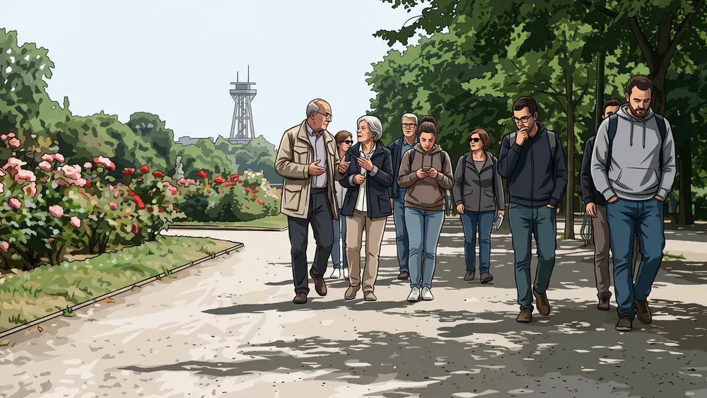 Westfalenpark in Dortmund – Kollegen spazieren bei Sonnenschein vorbei am Rosengarten mit Florianturm im Hintergrund