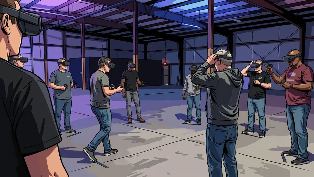 Zero Latency VR in Dortmund – Kollegen mit VR-Brillen und Westen laufen frei durch eine virtuelle Welt