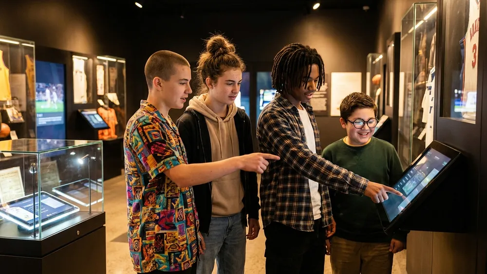 Deutsches Fußballmuseum in Dortmund – Schüler vor beleuchteten Vitrinen in der interaktiven Ausstellung