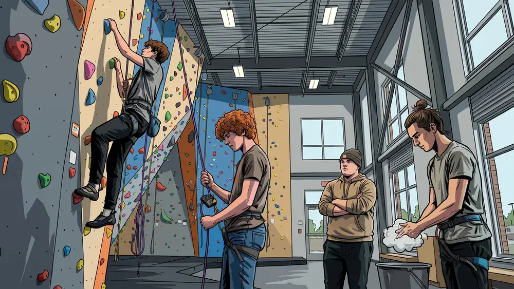 Kletterhalle Bergwerk in Dortmund – Schüler klettern unter Anleitung an bunten Kletterwänden