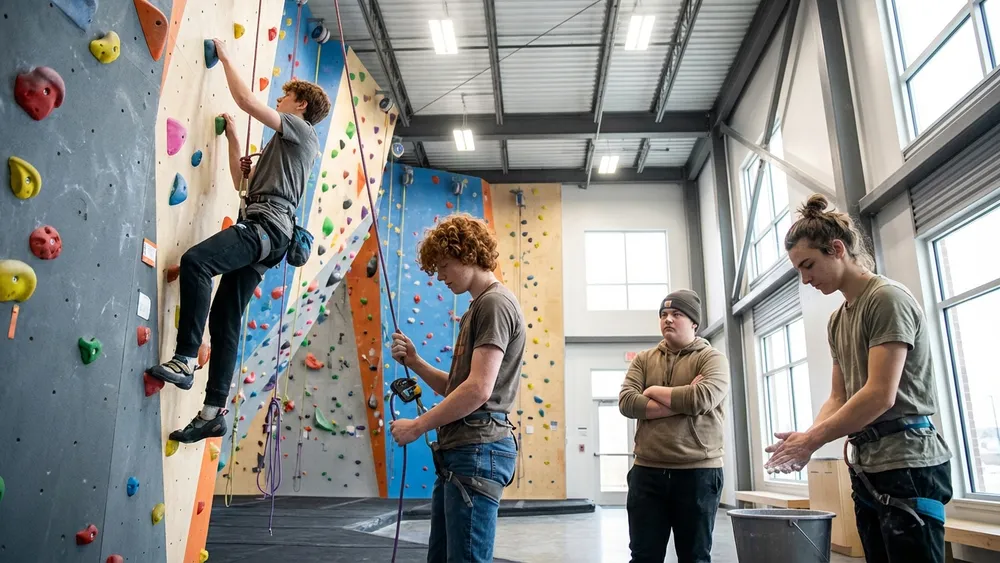 Kletterhalle Bergwerk in Dortmund – Schüler klettern unter Anleitung an bunten Kletterwänden