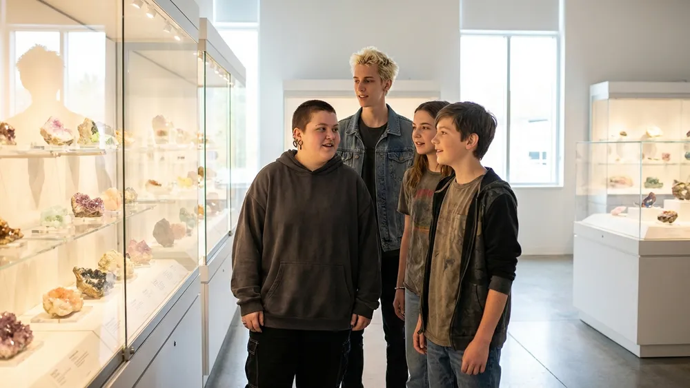 Naturmuseum Dortmund – Schüler betrachten leuchtende Mineralien in einer modernen Vitrine