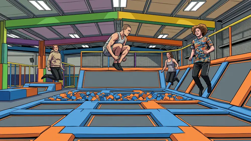 Superfly Trampolinpark in Dortmund – Schüler springen auf Trampolinen in der großen Halle