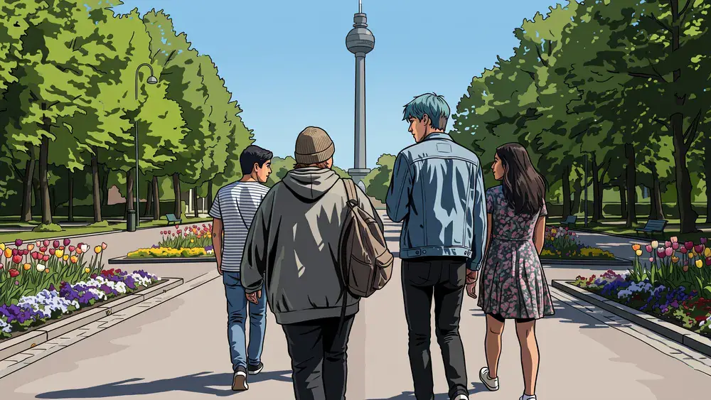 Westfalenpark in Dortmund – Schüler spazieren durch den Park mit dem Florianturm im Hintergrund