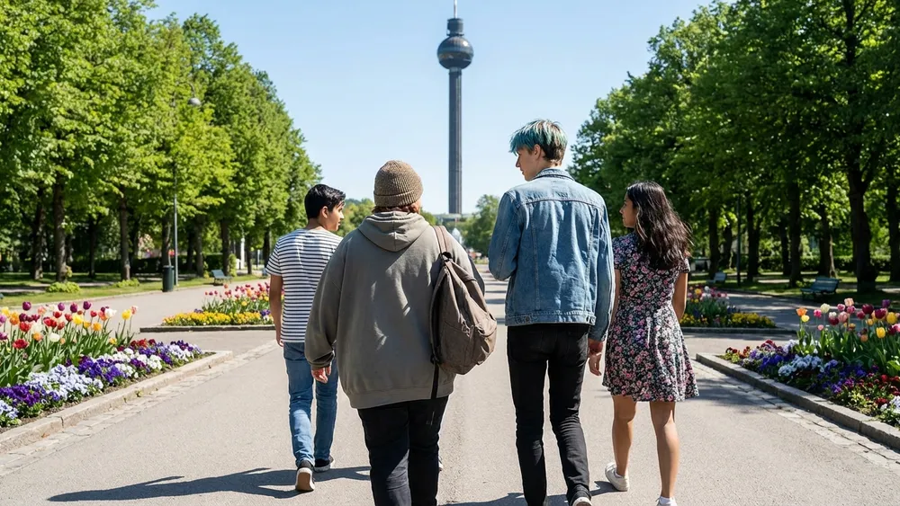 Westfalenpark in Dortmund – Schüler spazieren durch den Park mit dem Florianturm im Hintergrund