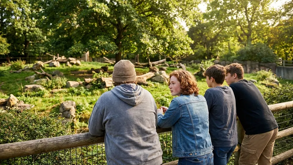 Zoo Dortmund – Schüler beobachten Tiere an einem Gehege im Grünen