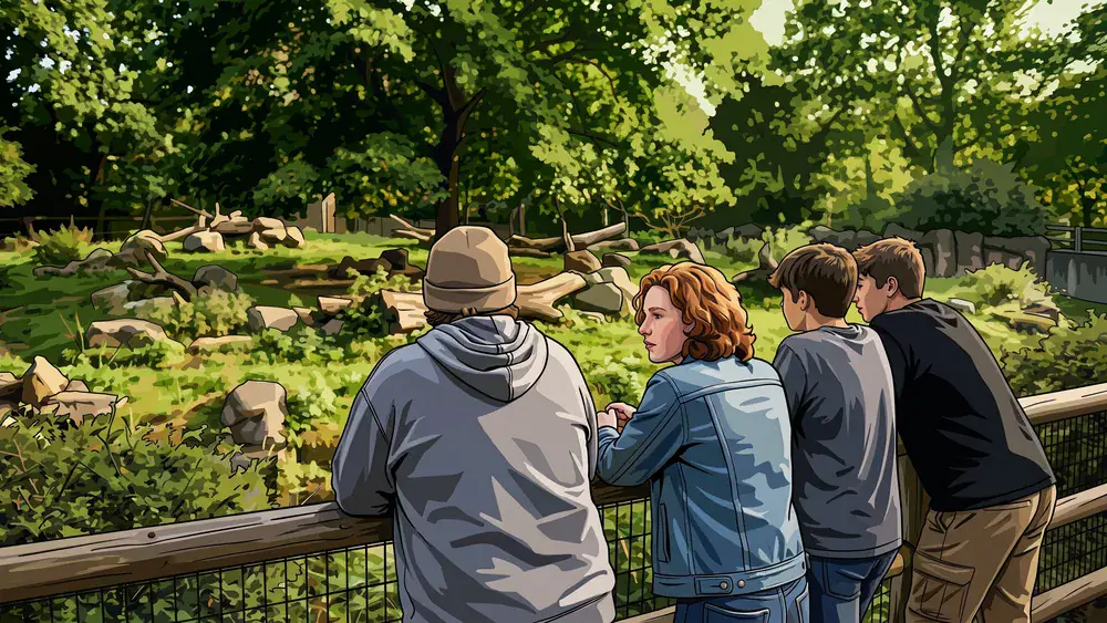 Zoo Dortmund – Schüler beobachten Tiere an einem Gehege im Grünen