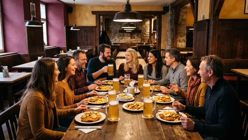 Brauhaus Wenkers in Dortmund – Kollegen trinken Urtrüb an langen Tischen am Alten Markt