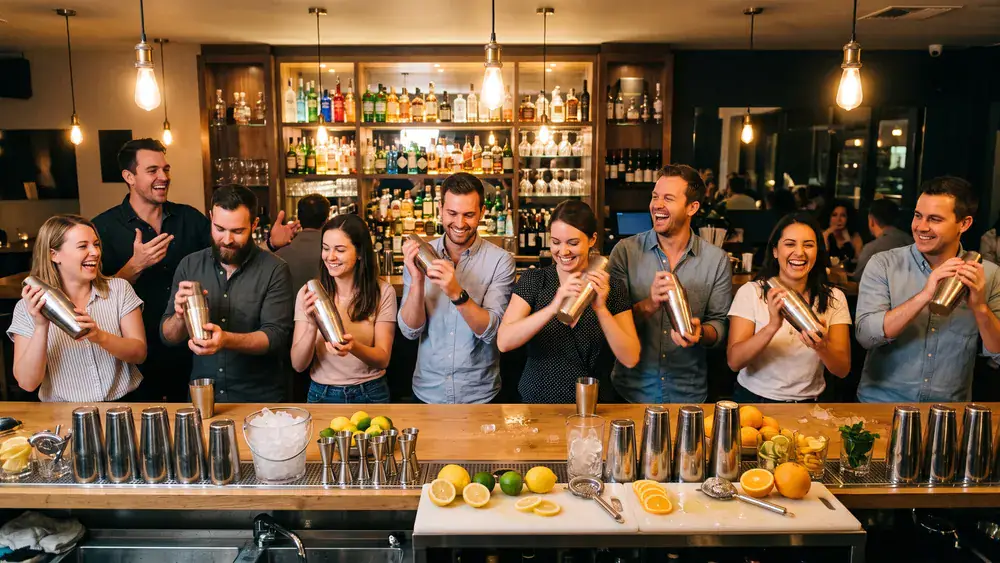 Cocktailkurs in Dortmund – Kollegen mixen Cocktails an einer Bar unter Anleitung eines Profi-Barkeepers