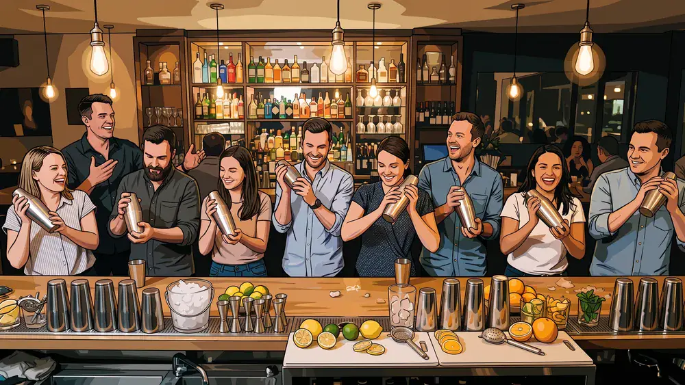 Cocktailkurs in Dortmund – Kollegen mixen Cocktails an einer Bar unter Anleitung eines Profi-Barkeepers