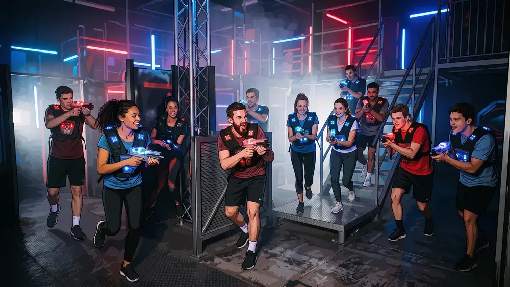 Lasertag bei Dortmund – Kollegen in Sensorwesten spielen in einer dunklen Neon-Arena