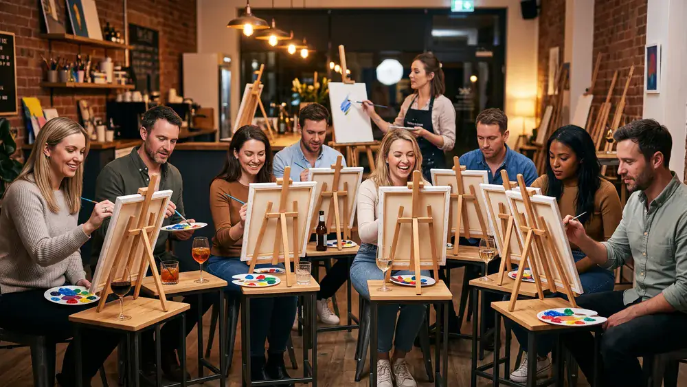Painting Party in Dortmund – Kollegen malen an Staffeleien eigene Bilder mit Wein und Cocktails dazu